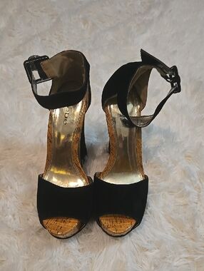bebe Black Suede Ankle-Strap Open-Toe Heels
